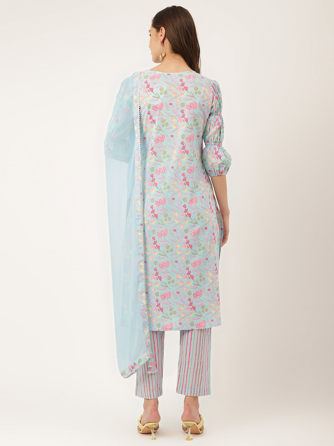 Blue Floral Print Cotton  Kurta, Trouser With Dupatta