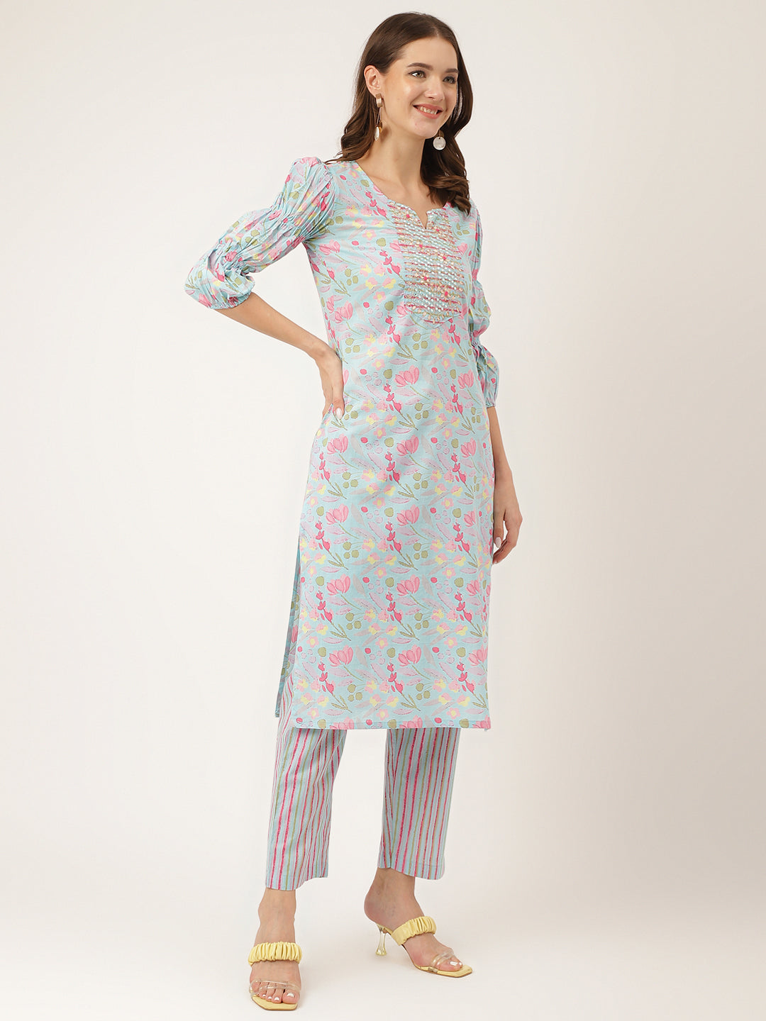 Blue Floral Print Cotton  Kurta, Trouser With Dupatta