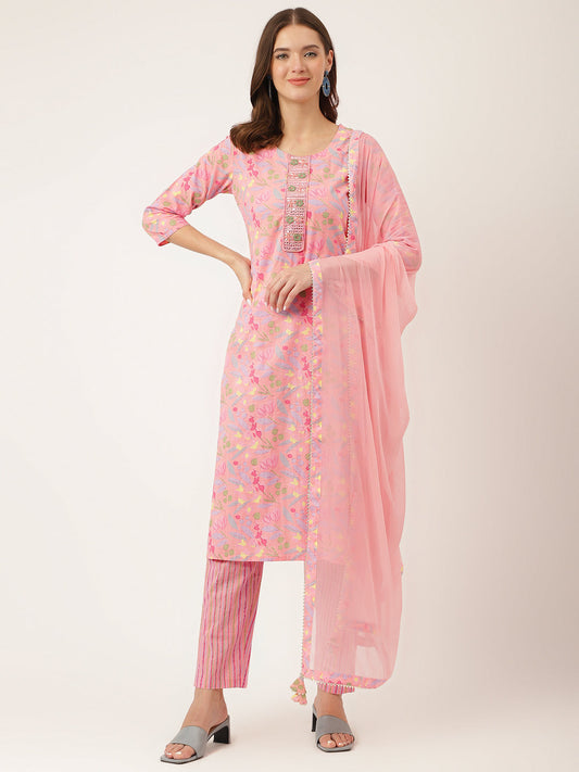 Pink Floral Print Cotton  Kurta, Trouser With Dupatta