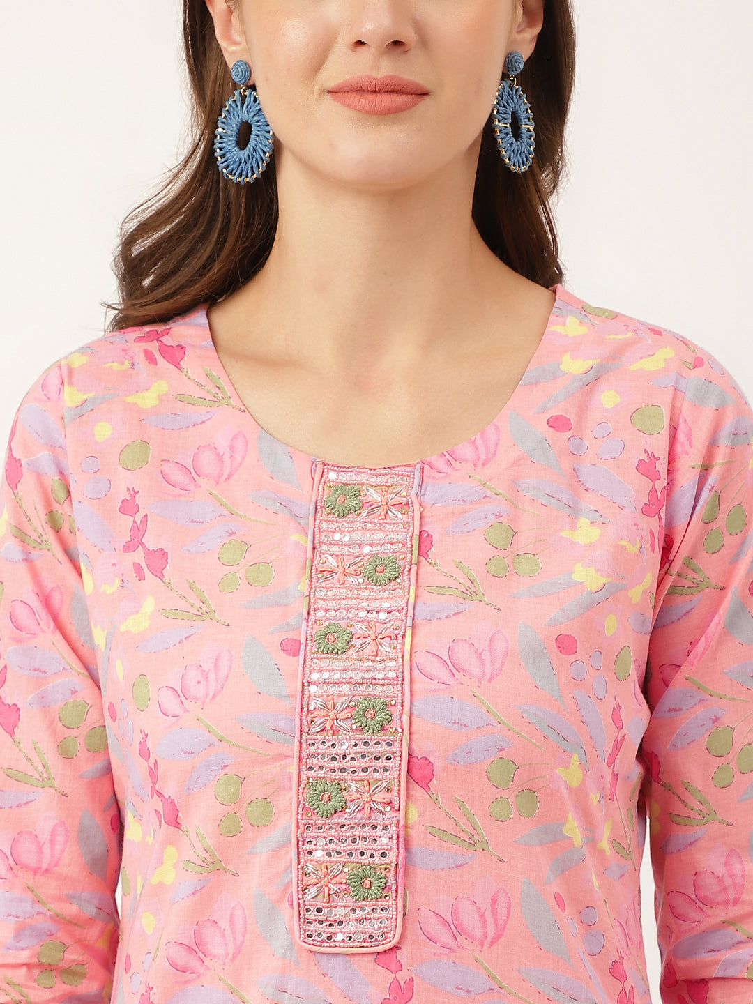 Pink Floral Print Cotton  Kurta, Trouser With Dupatta