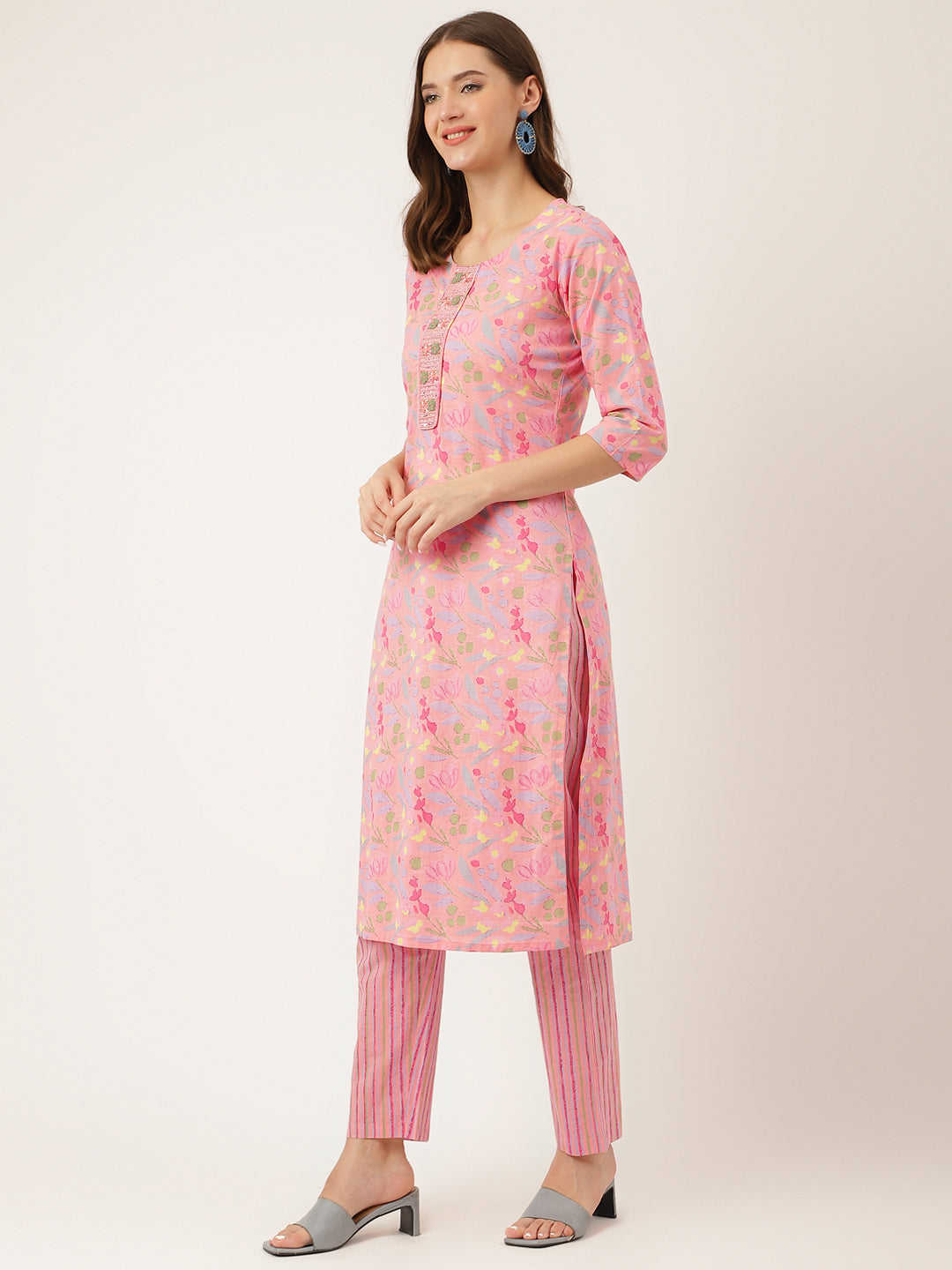 Pink Floral Print Cotton  Kurta, Trouser With Dupatta