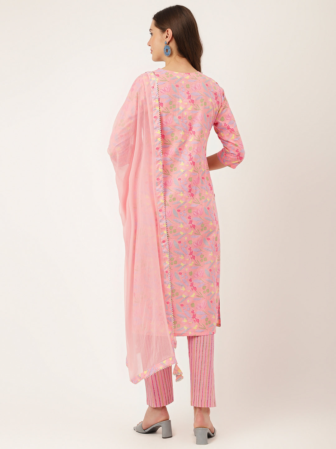 Pink Floral Print Cotton  Kurta, Trouser With Dupatta