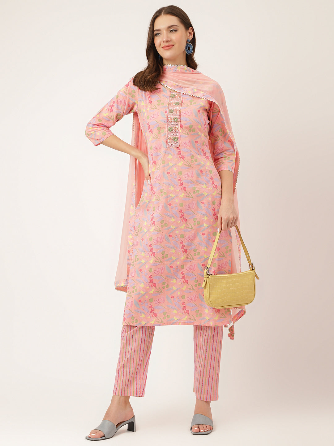 Pink Floral Print Cotton  Kurta, Trouser With Dupatta