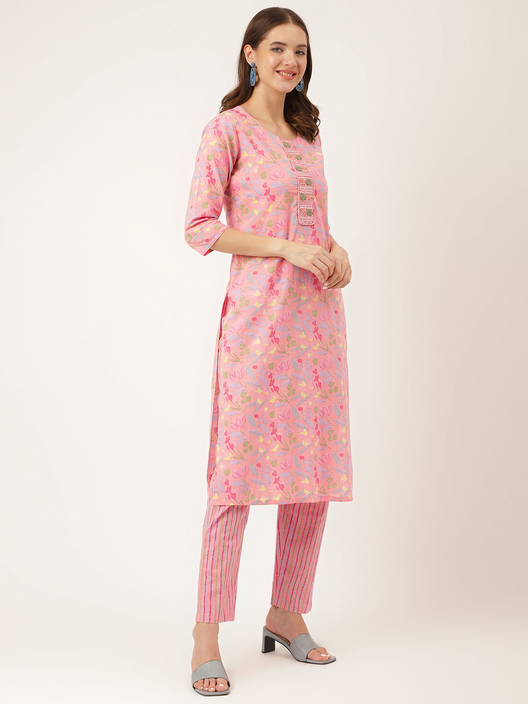 Pink Floral Print Cotton  Kurta, Trouser With Dupatta