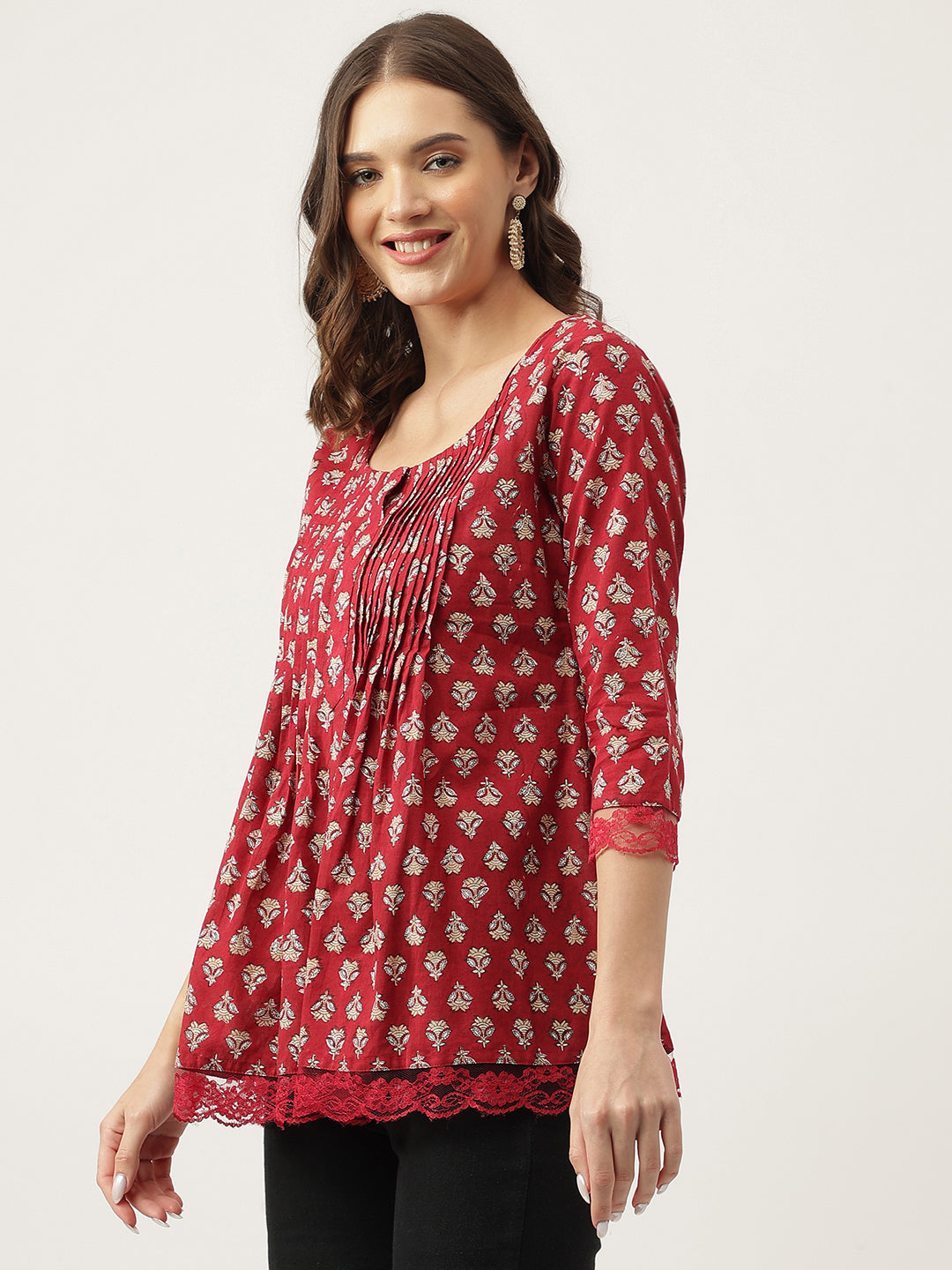 Maroon Floral Printed Cotton Peplum Top