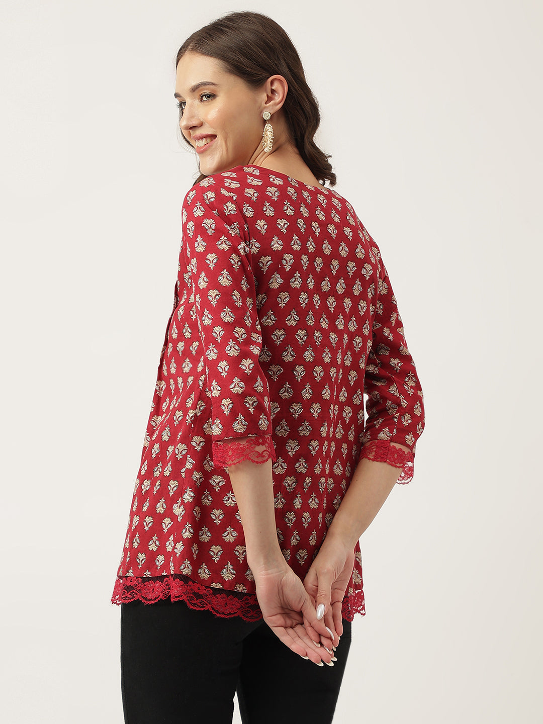 Maroon Floral Printed Cotton Peplum Top