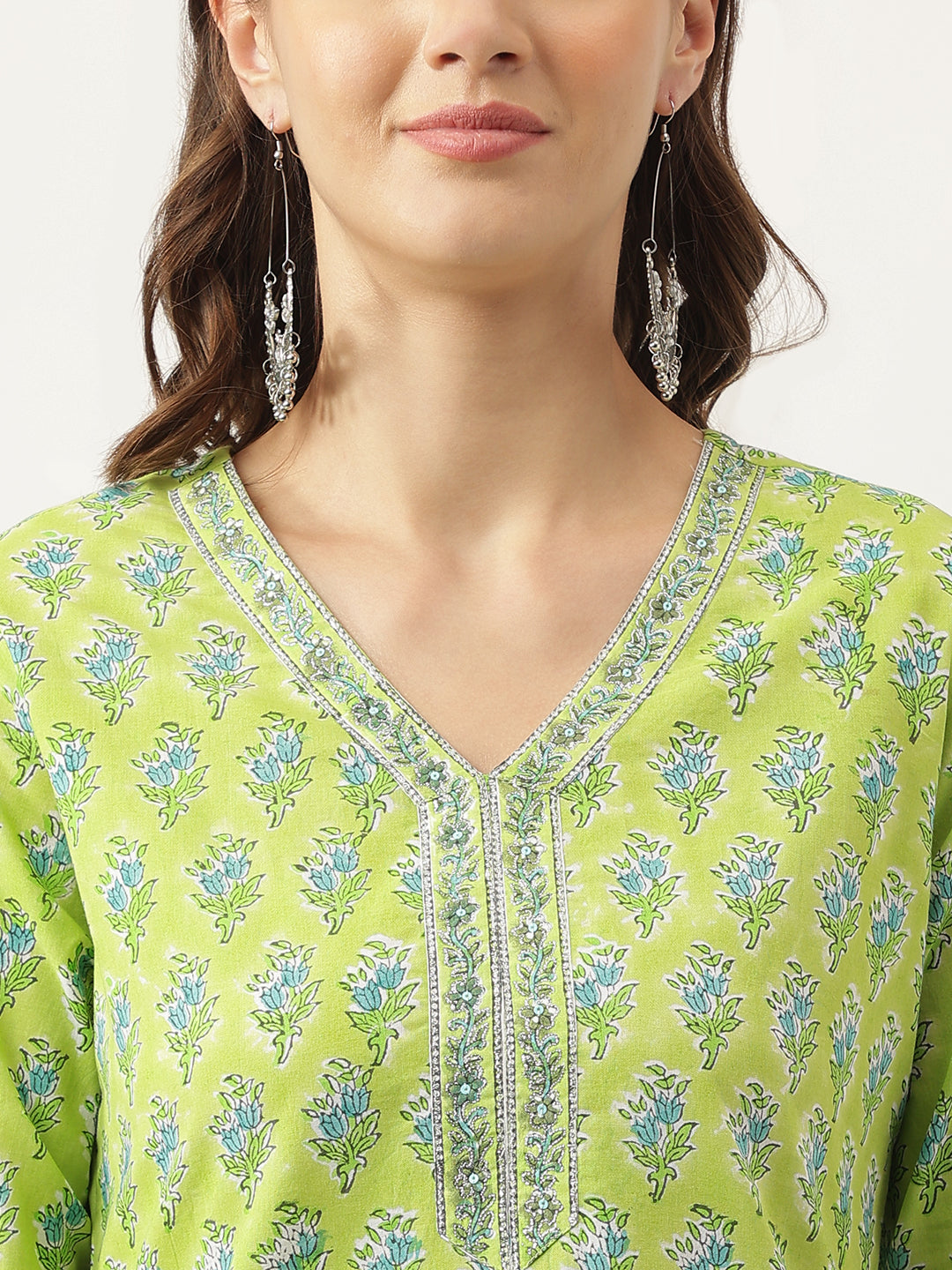 Green Handblock Floral Printed Kurta Trouser & Kota Doria Dupatta Set