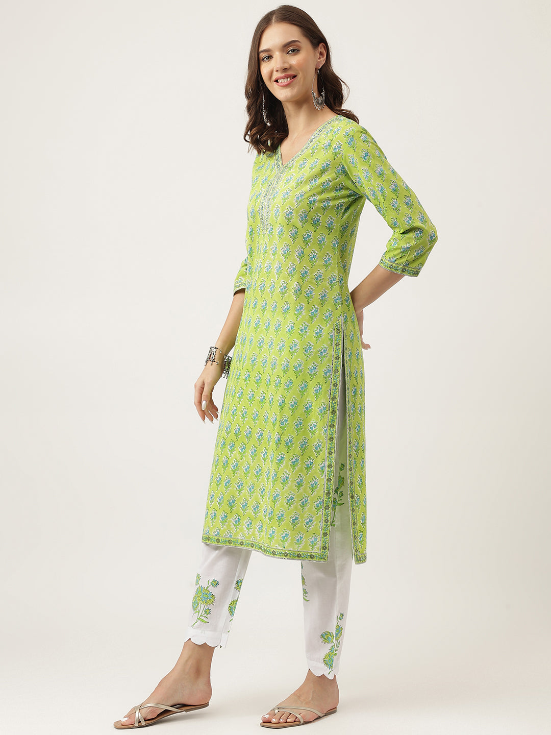 Green Handblock Floral Printed Kurta Trouser & Kota Doria Dupatta Set