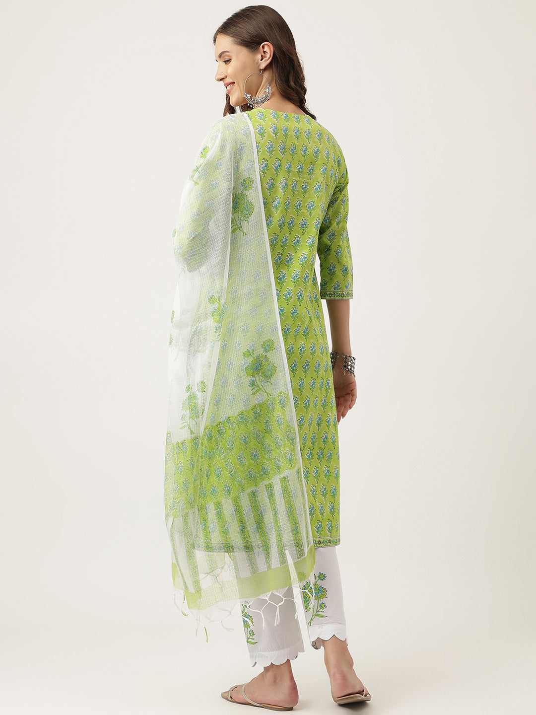 Green Handblock Floral Printed Kurta Trouser & Kota Doria Dupatta Set