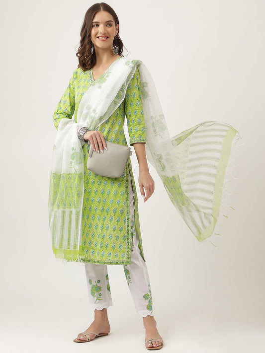 Green Handblock Floral Printed Kurta Trouser & Kota Doria Dupatta Set