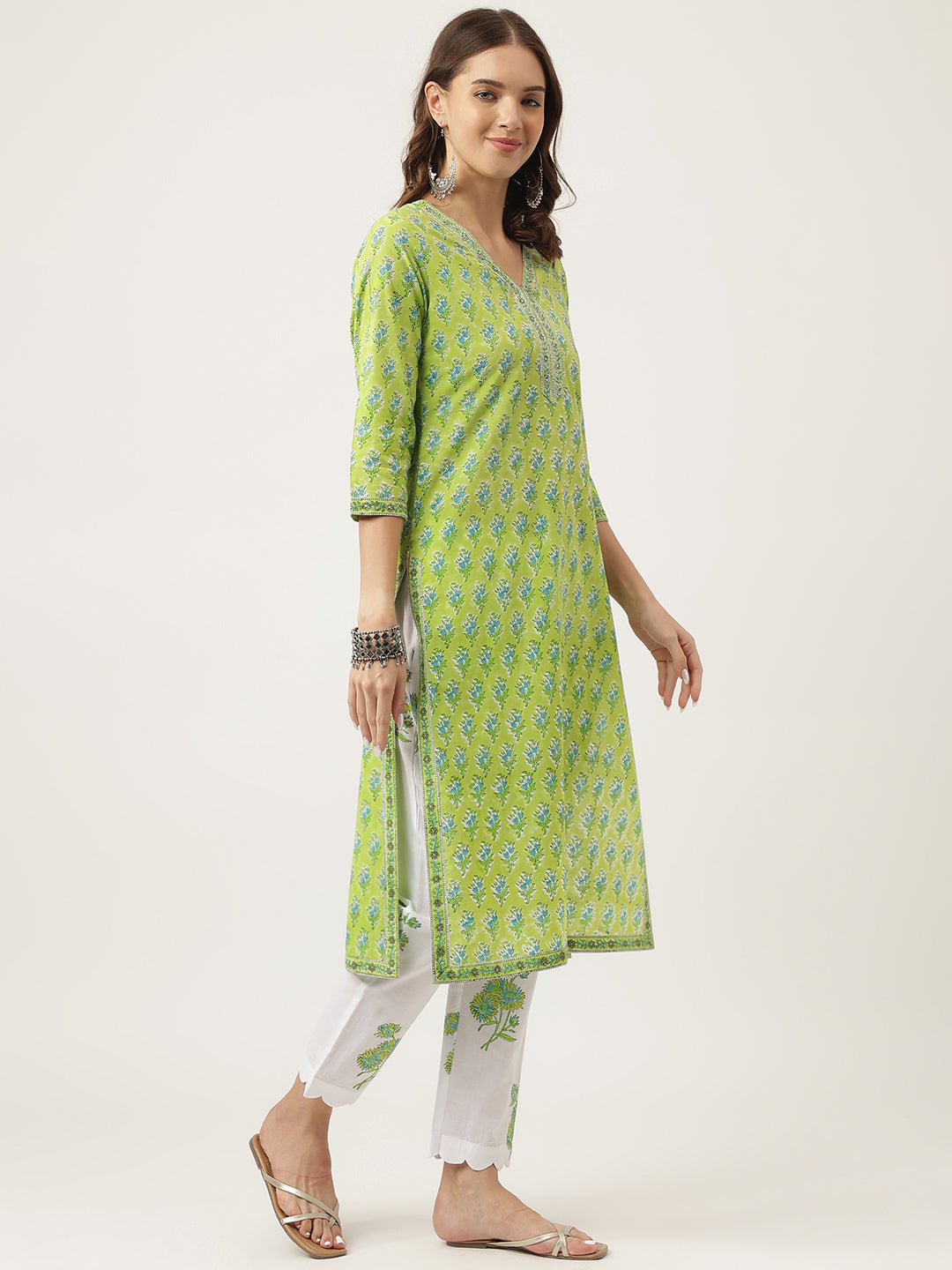 Green Handblock Floral Printed Kurta Trouser & Kota Doria Dupatta Set