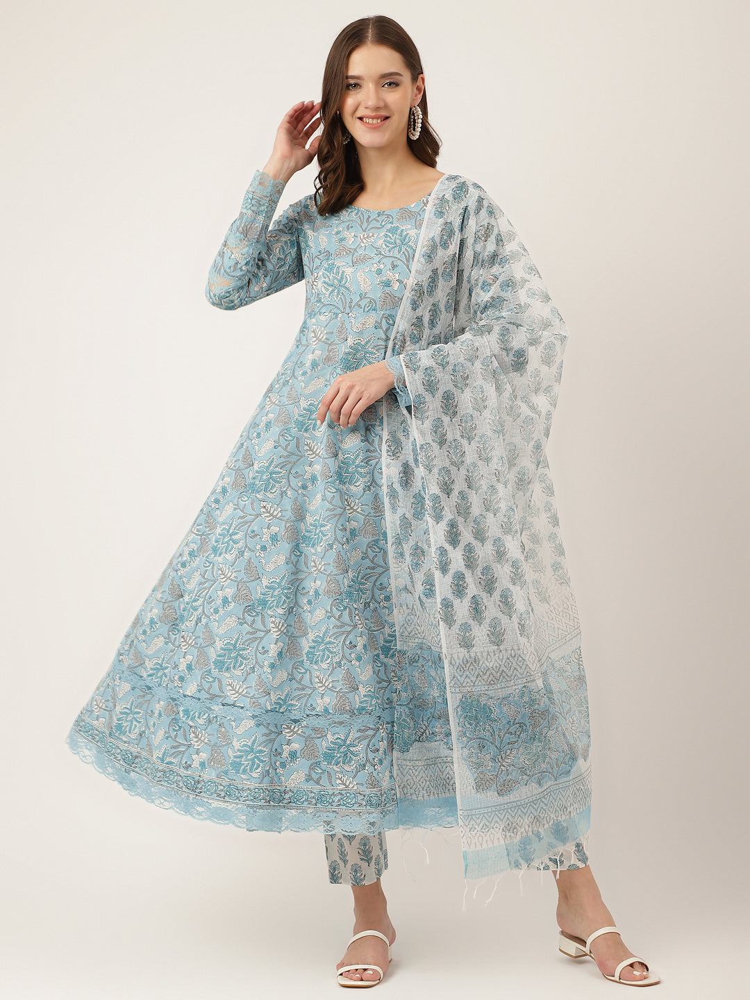 Sky Blue Hand Block Floral Print Cotton Kurta, Trouser With Dupatta