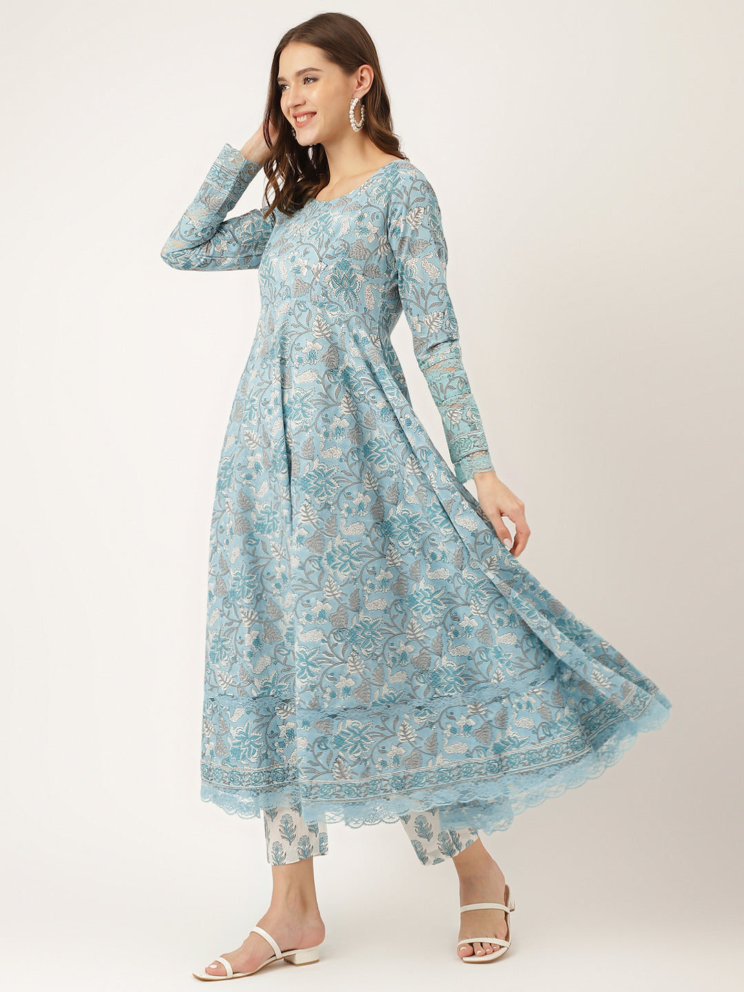 Sky Blue Hand Block Floral Print Cotton Kurta, Trouser With Dupatta