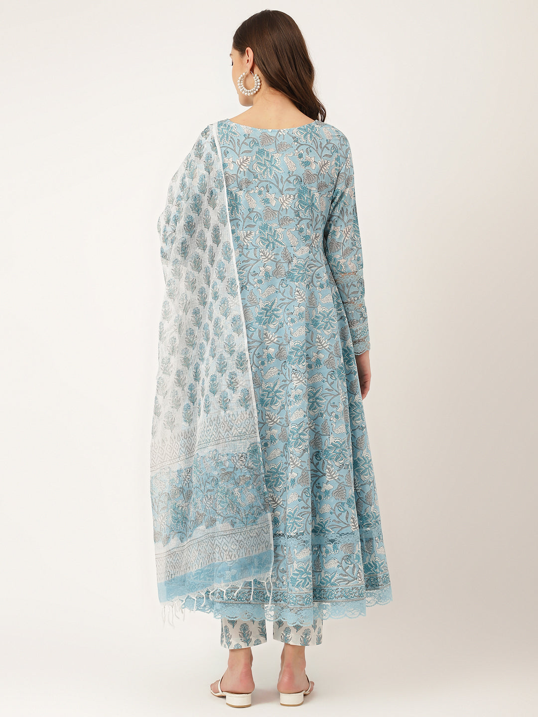 Sky Blue Hand Block Floral Print Cotton Kurta, Trouser With Dupatta