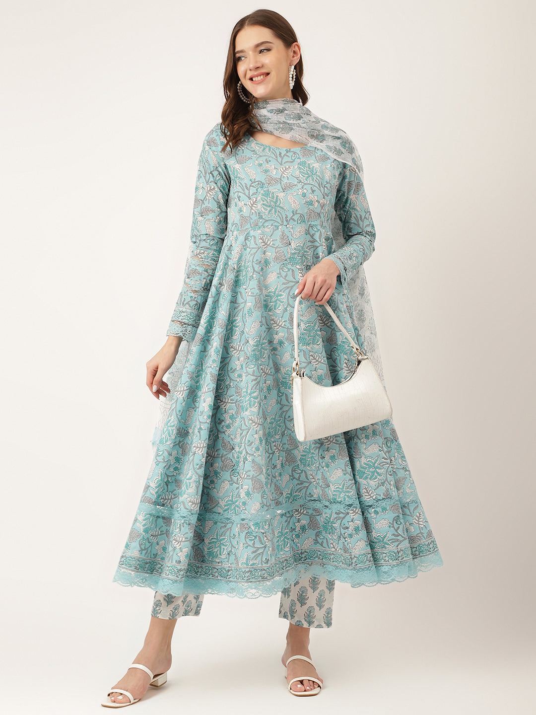 Sky Blue Hand Block Floral Print Cotton Kurta, Trouser With Dupatta