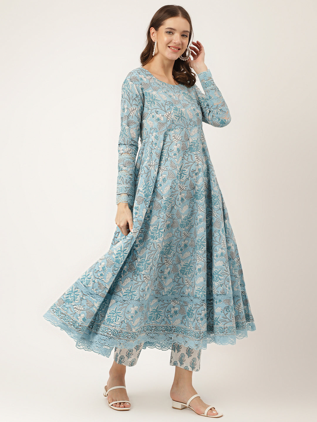 Sky Blue Hand Block Floral Print Cotton Kurta, Trouser With Dupatta