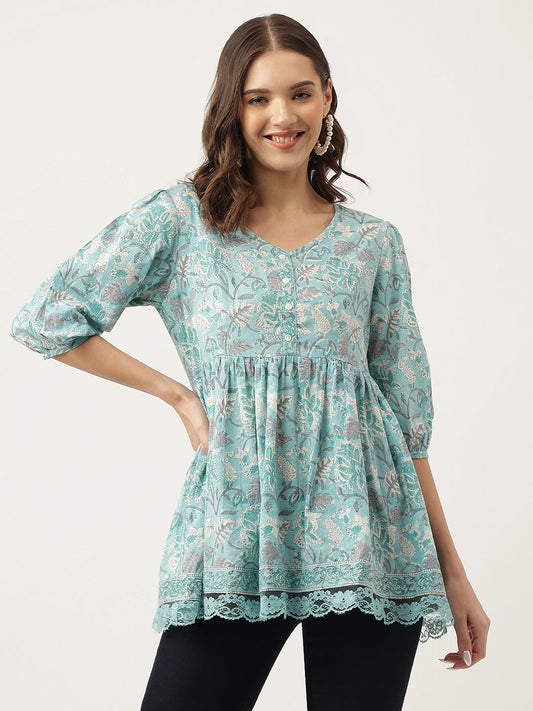 Light Blue Floral Printed Cotton Peplum Fit Top