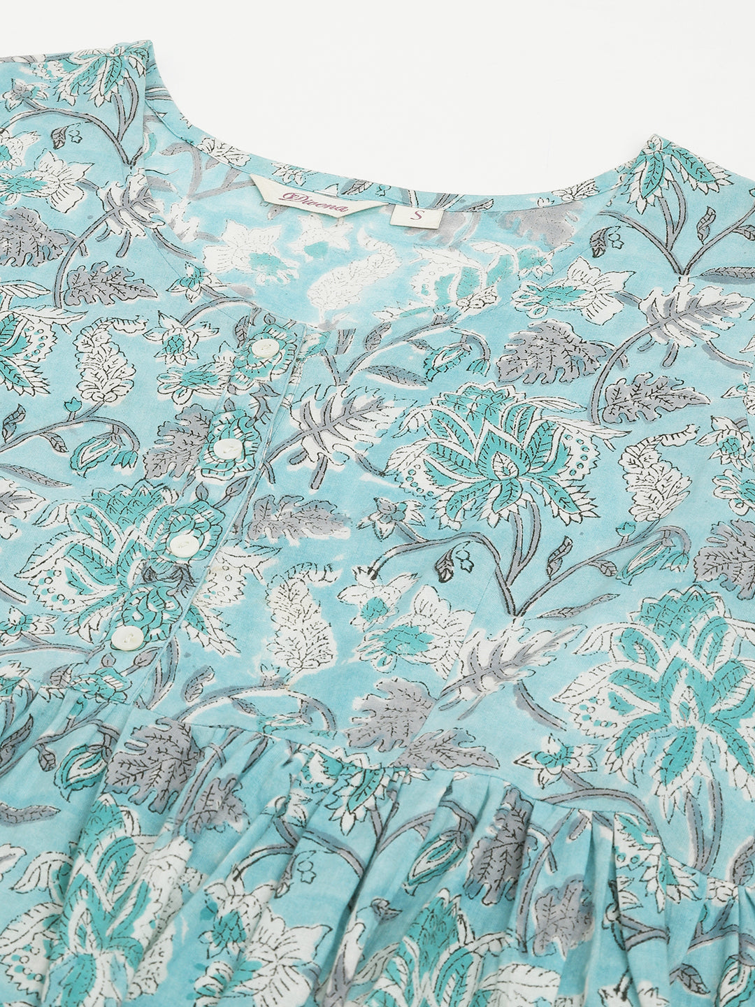 Light Blue Floral Printed Cotton Peplum Fit Top