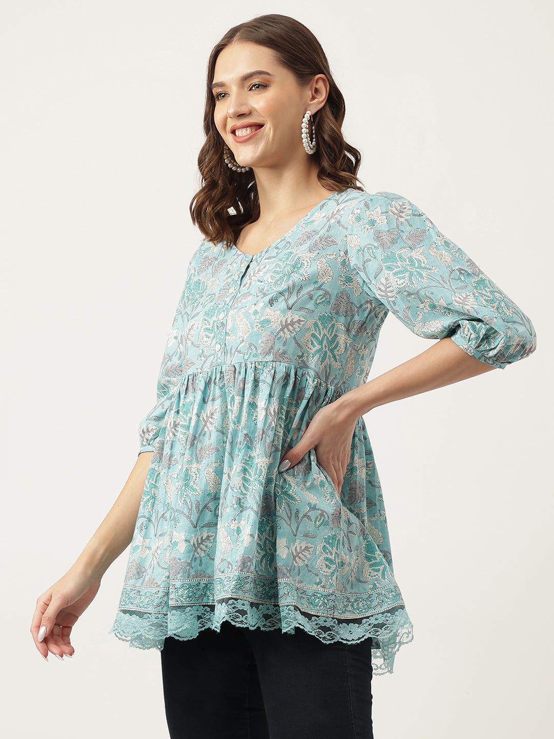 Light Blue Floral Printed Cotton Peplum Fit Top