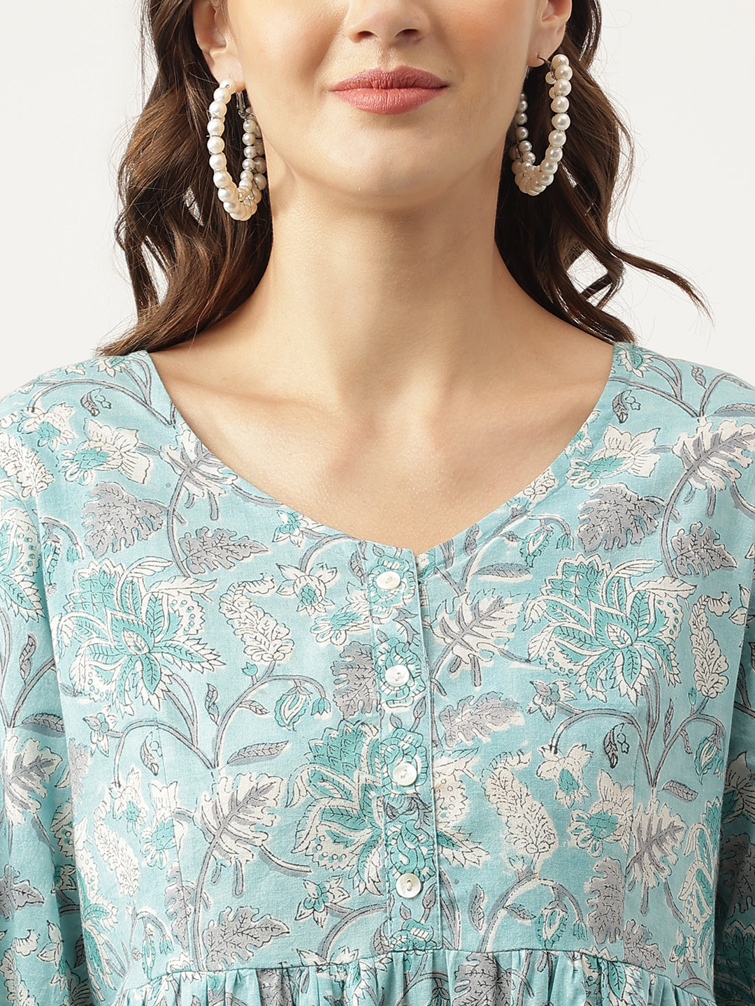 Light Blue Floral Printed Cotton Peplum Fit Top