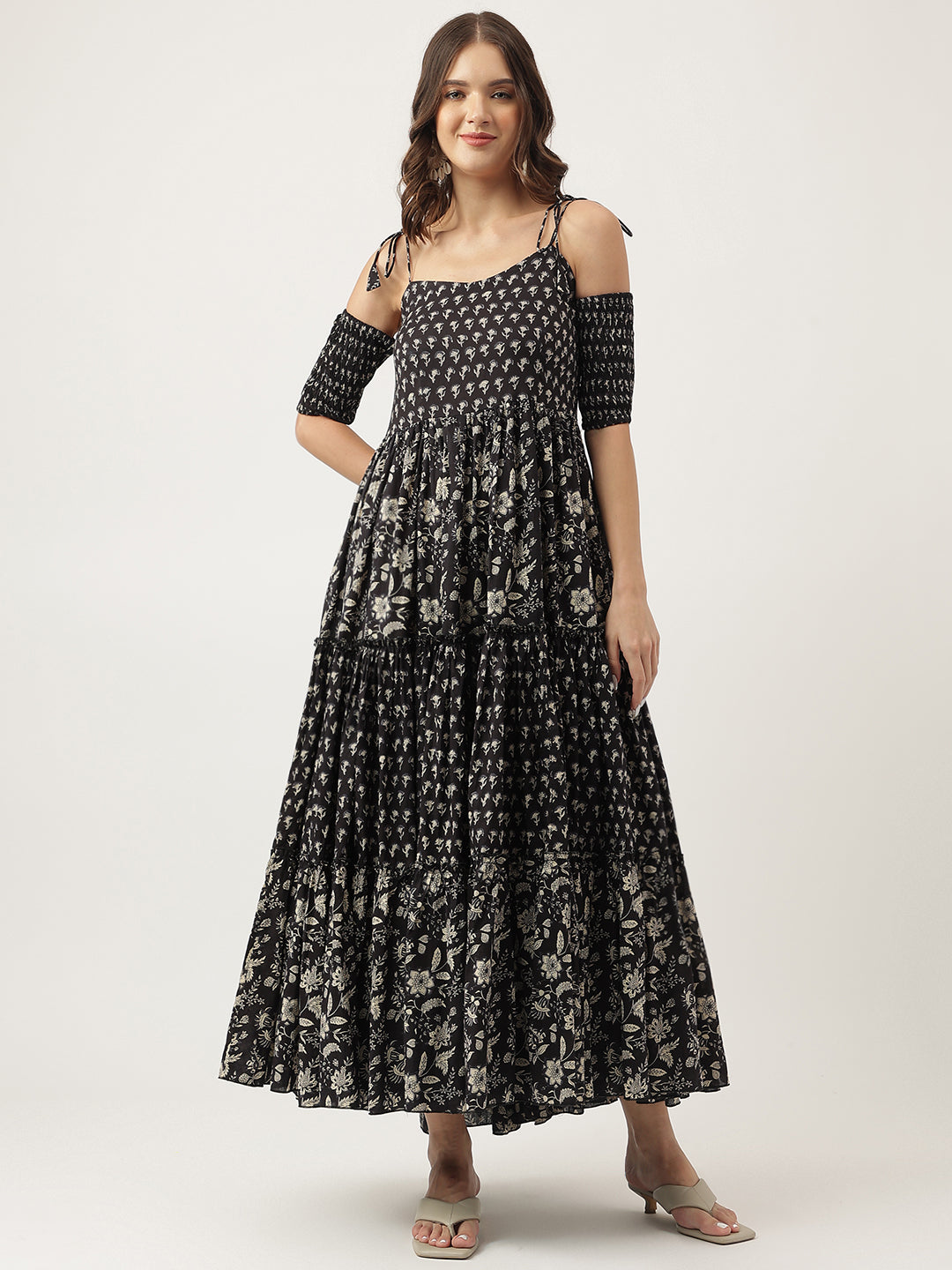 Floral Printed Cotton Cold Shoulder Tiered Dress