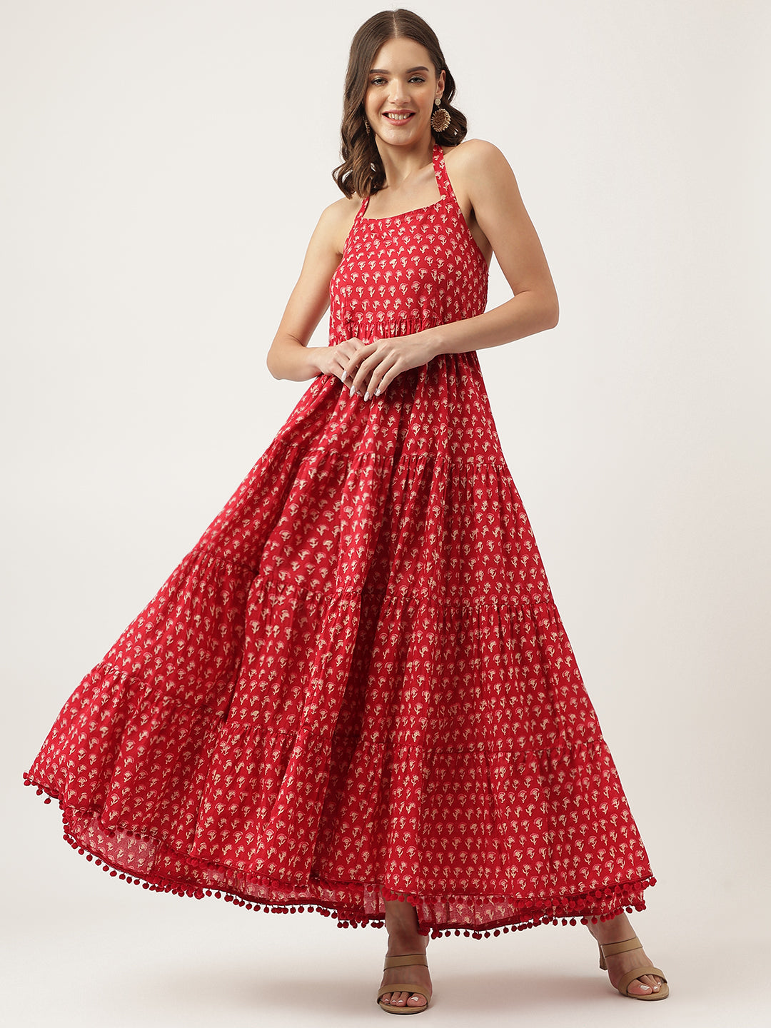 Red Floral Printed Cotton Halter Neck Ethnic Tiered Dress