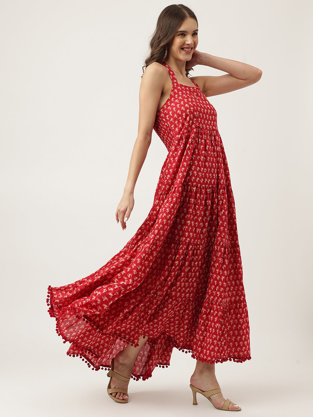 Red Floral Printed Cotton Halter Neck Ethnic Tiered Dress