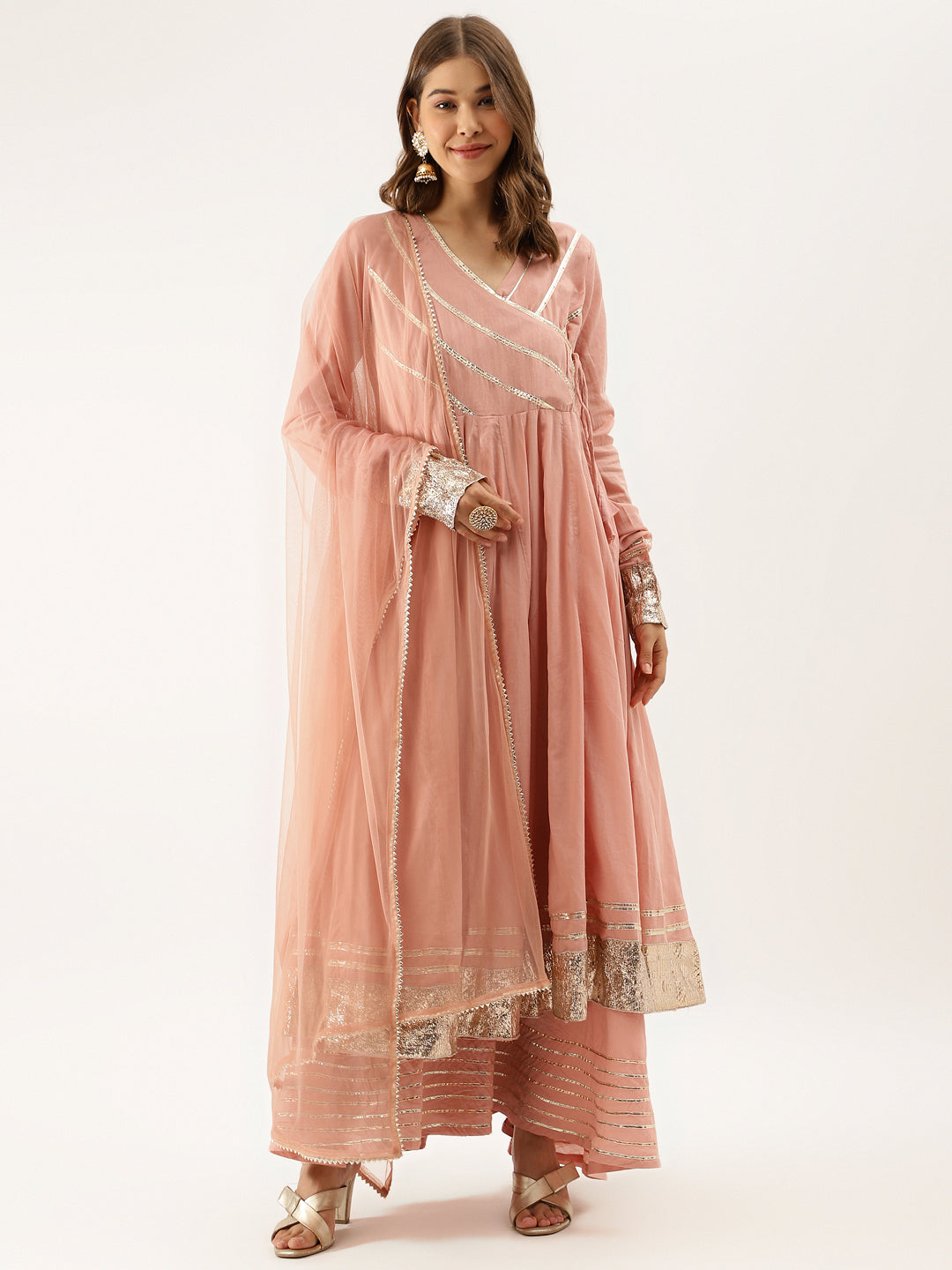 Peach Solid Cotton Gota Work Kurta set with Dupatta