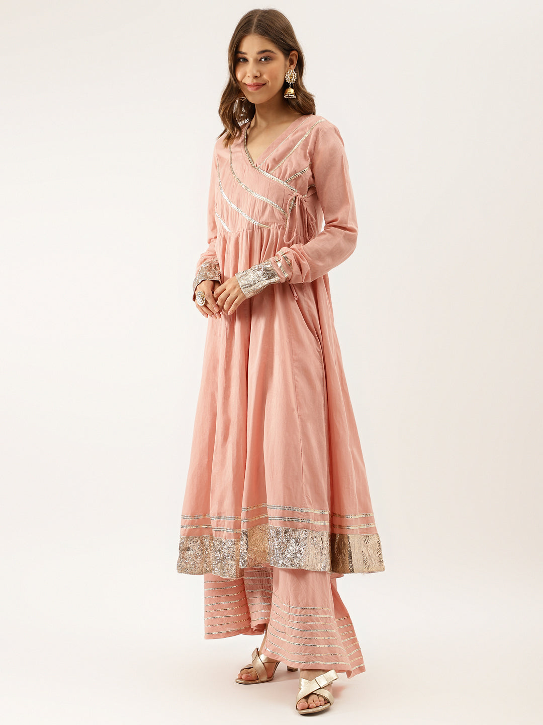 Peach Solid Cotton Gota Work Kurta set with Dupatta