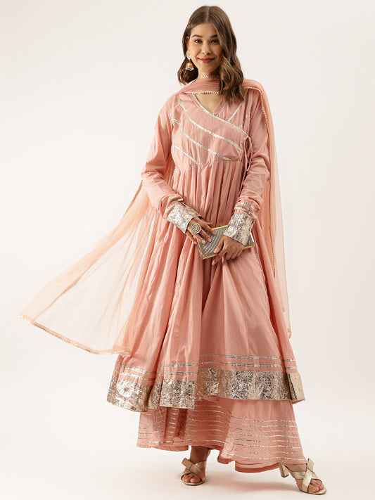 Peach Solid Cotton Gota Work Kurta set with Dupatta