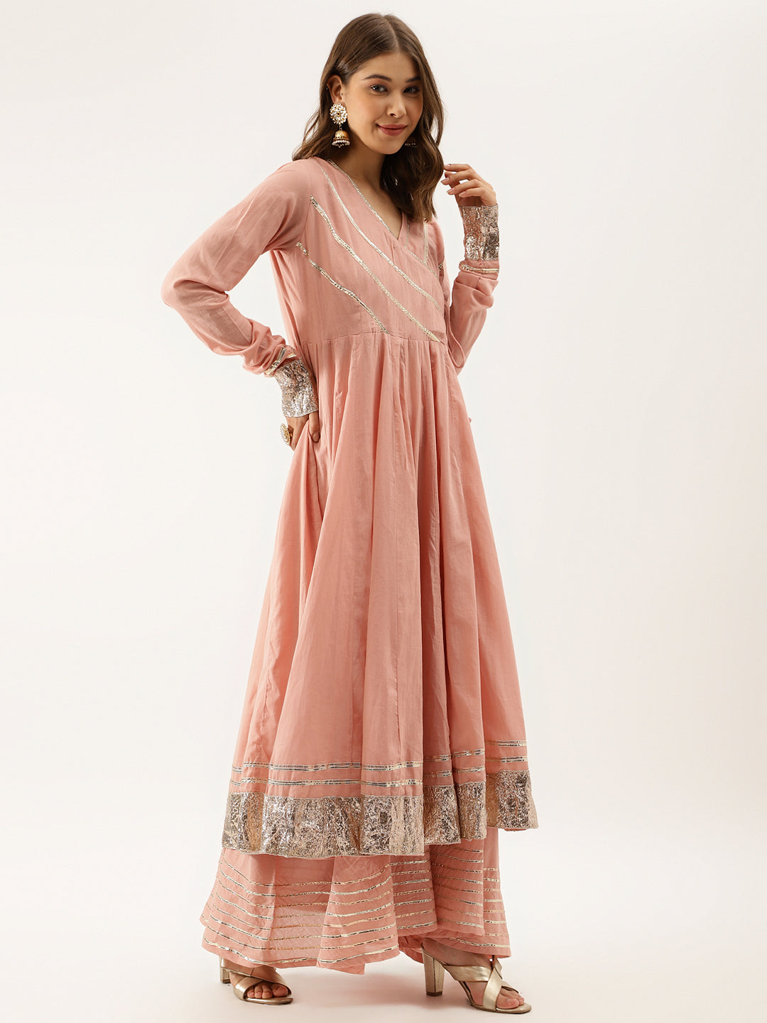 Peach Solid Cotton Gota Work Kurta set with Dupatta