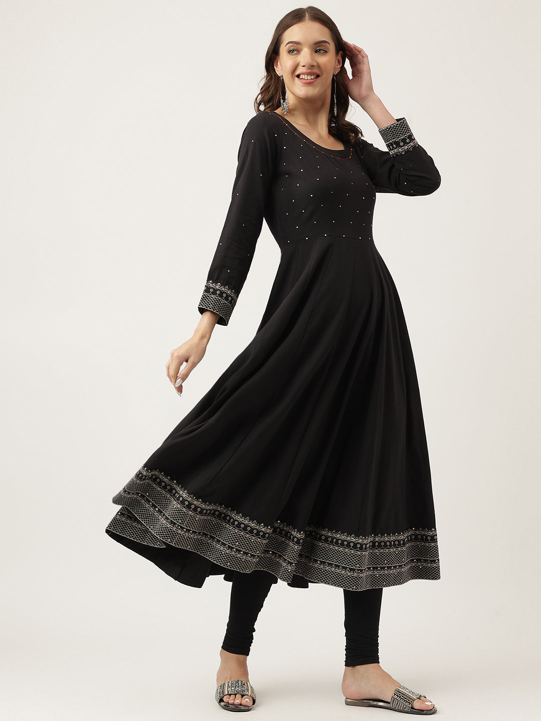 Black Embroidered Cotton Anarkali Kurta