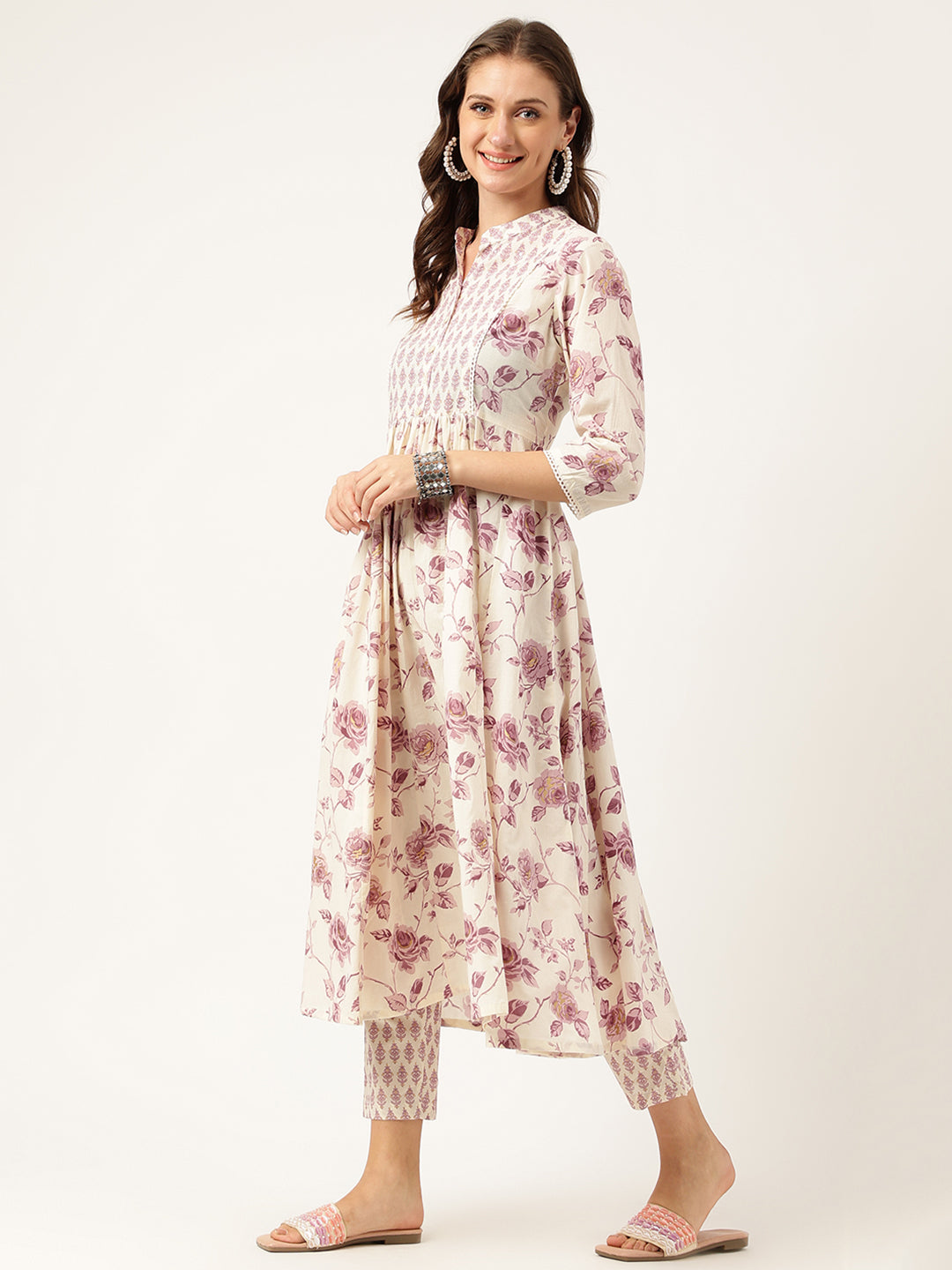 White Purple Floral Cotton Flared kurta with Pant set