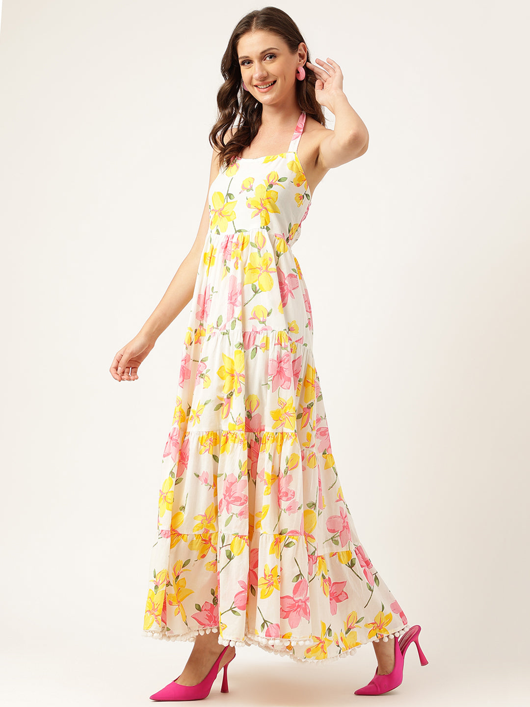 Floral Printed Halter Neck Cotton Casual Maxi Dress