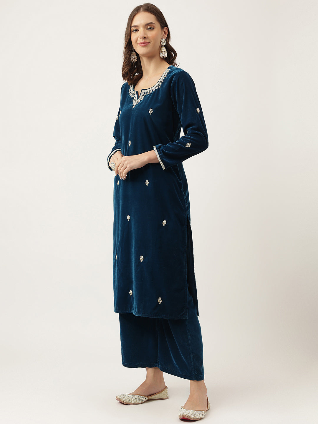 Rayol Blue Hand Embroidered Velvet Straight Kurta, trousers with Dupatta Set