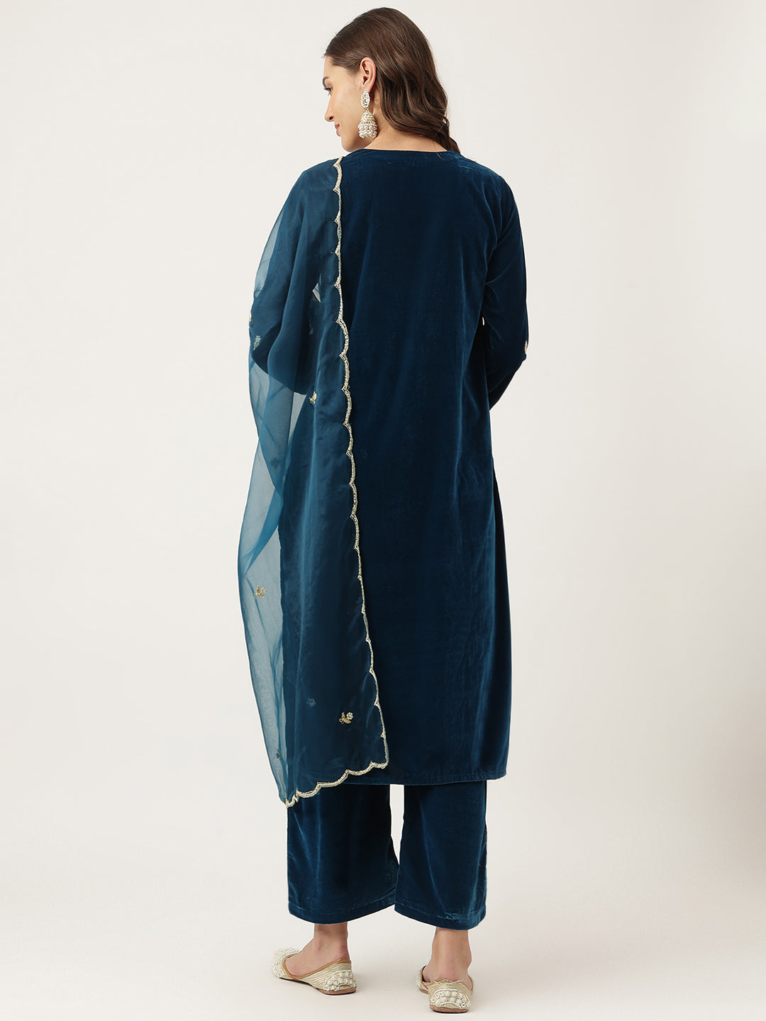 Rayol Blue Hand Embroidered Velvet Straight Kurta, trousers with Dupatta Set