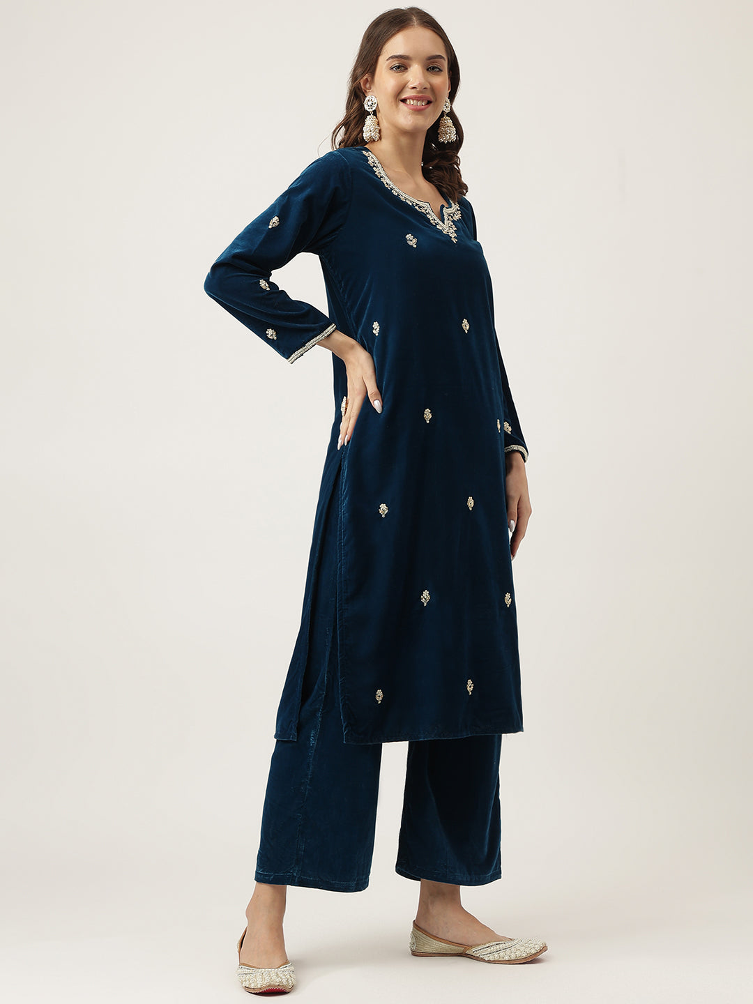 Rayol Blue Hand Embroidered Velvet Straight Kurta, trousers with Dupatta Set