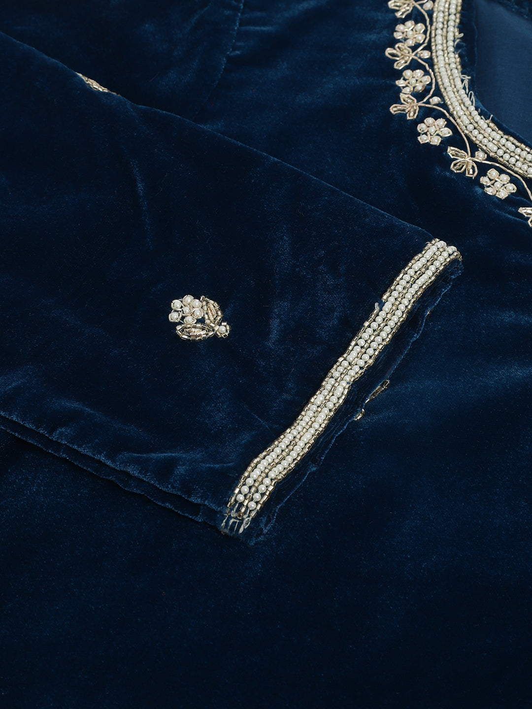 Rayol Blue Hand Embroidered Velvet Straight Kurta, trousers with Dupatta Set