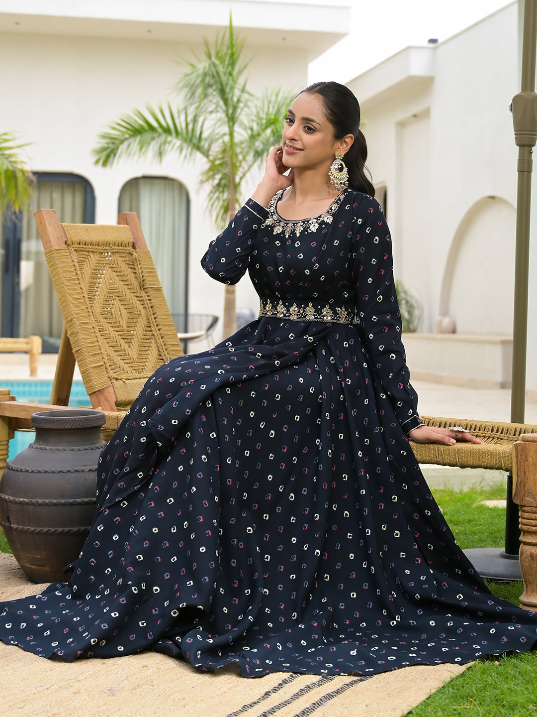 Navy Blue Bandhani Print Flared Long Dress with Belt