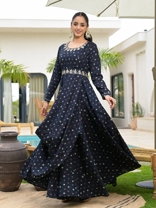 Navy Blue Bandhani Print Flared Long Dress with Belt