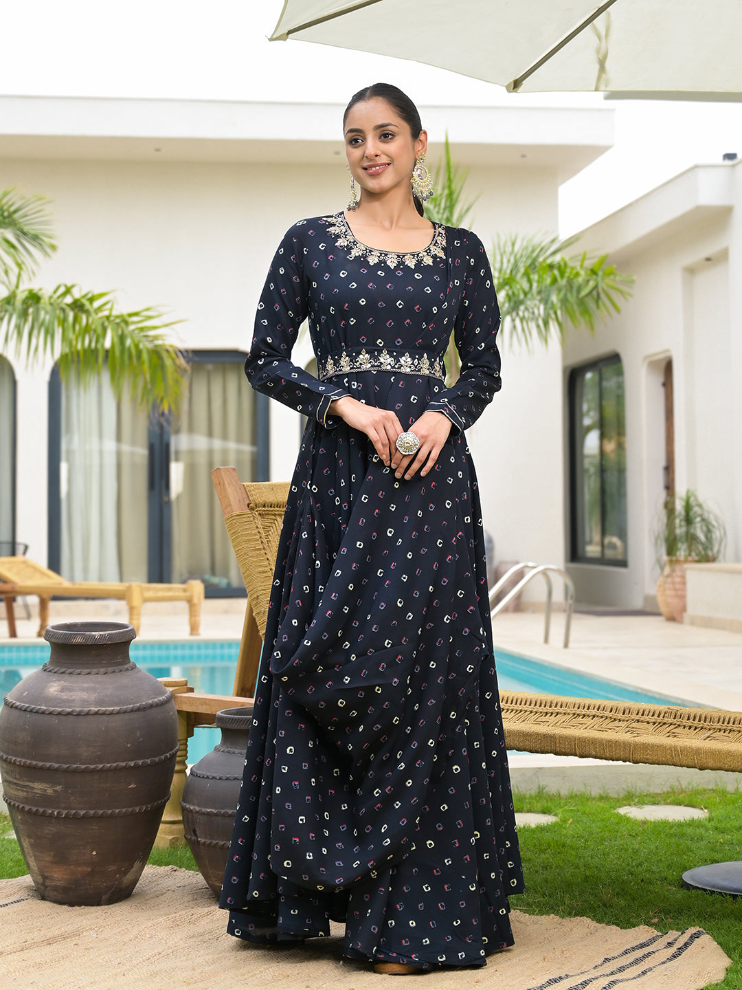 Navy Blue Bandhani Print Flared Long Dress with Belt