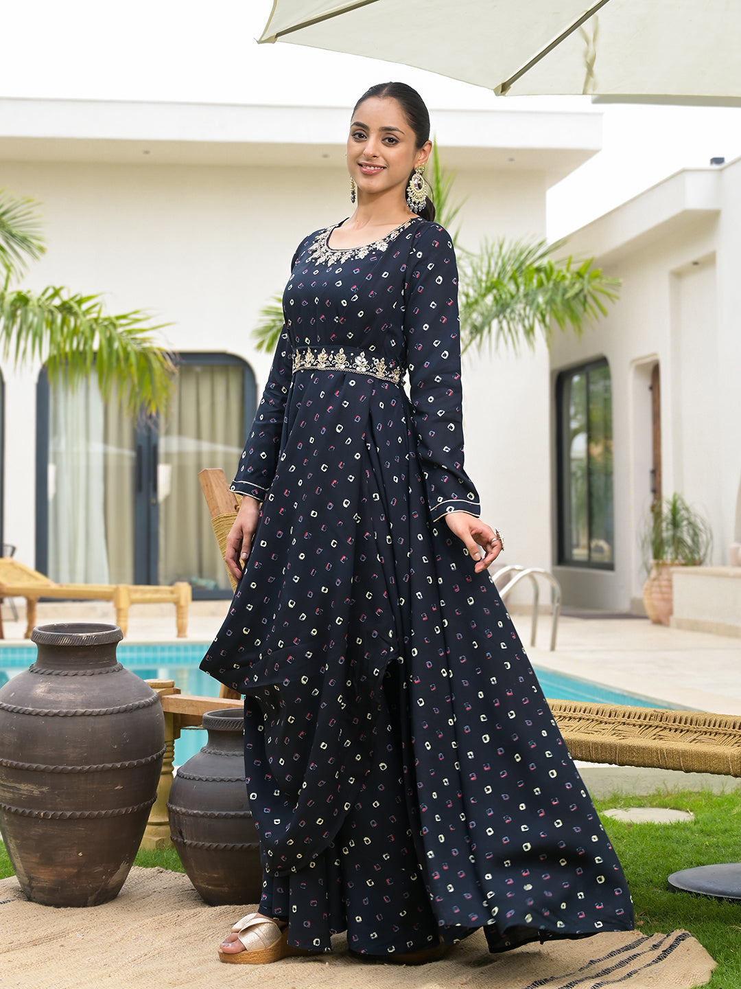 Navy Blue Bandhani Print Flared Long Dress with Belt