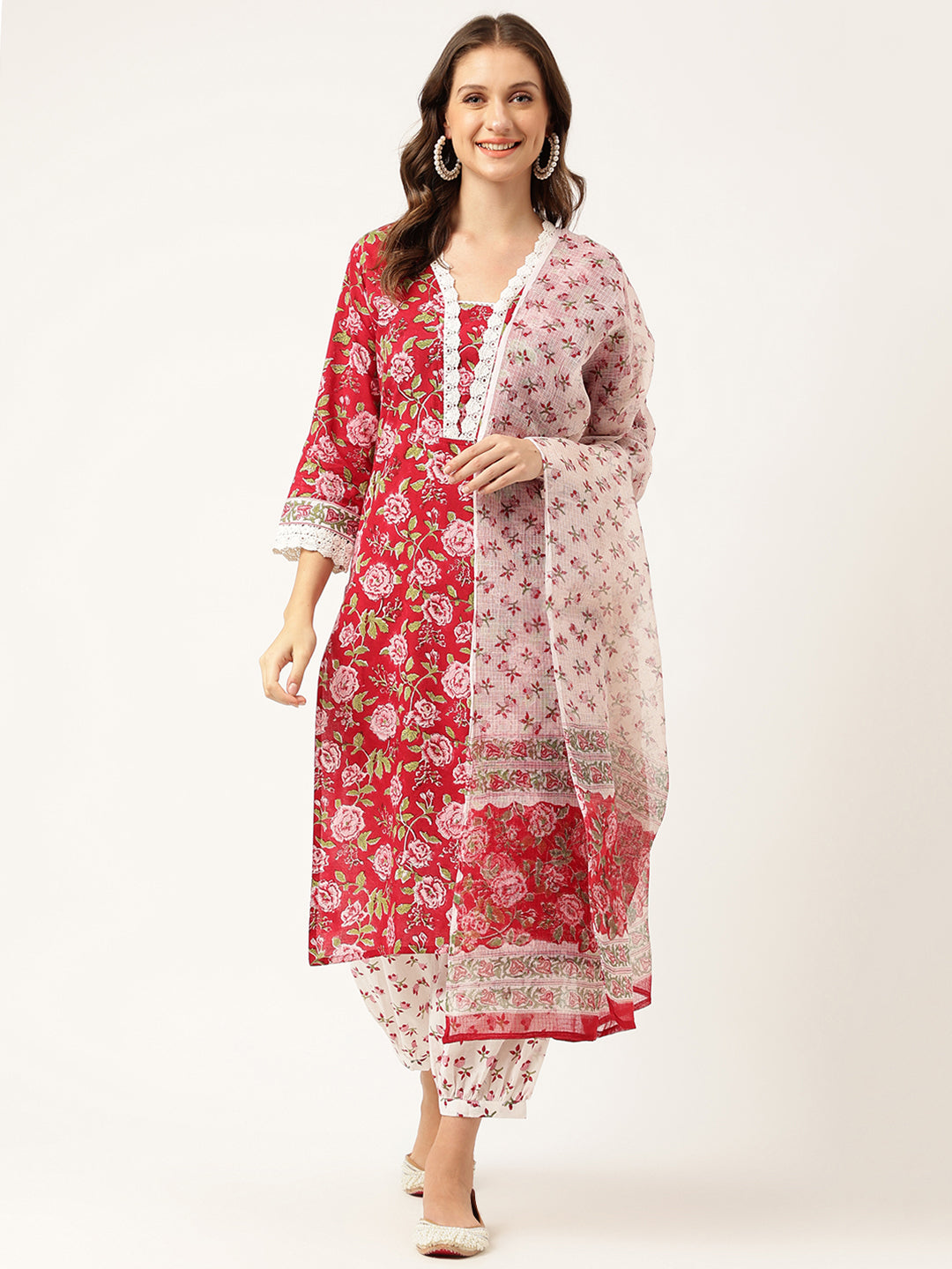 Floral HandBlock Printed Kurta Trouser & Kota Dori Dupatta Set