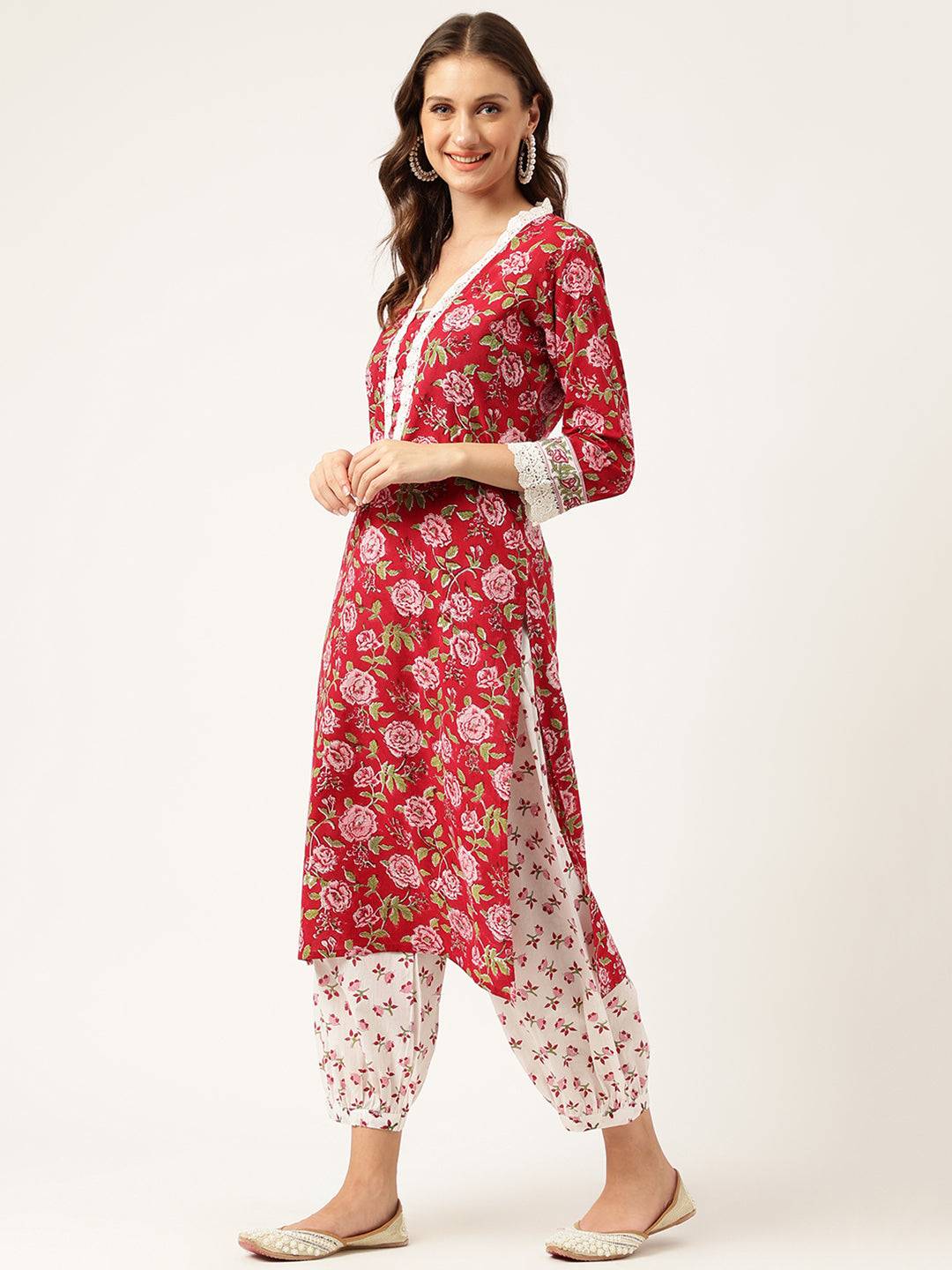 Floral HandBlock Printed Kurta Trouser & Kota Dori Dupatta Set