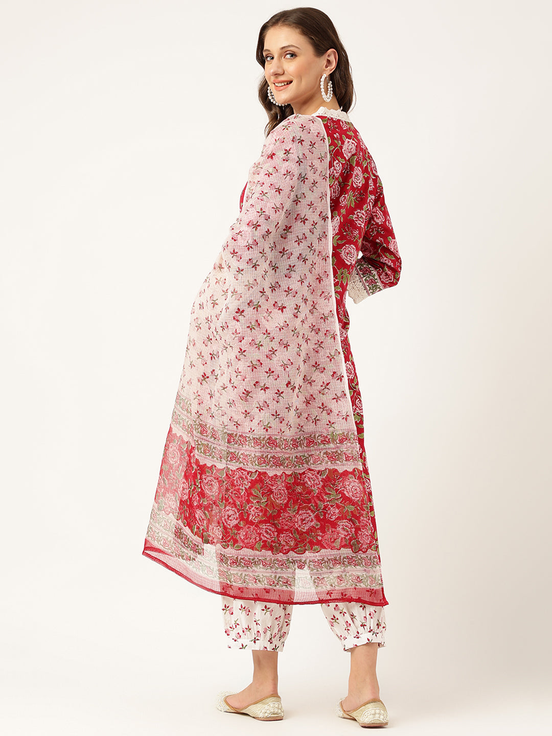 Floral HandBlock Printed Kurta Trouser & Kota Dori Dupatta Set