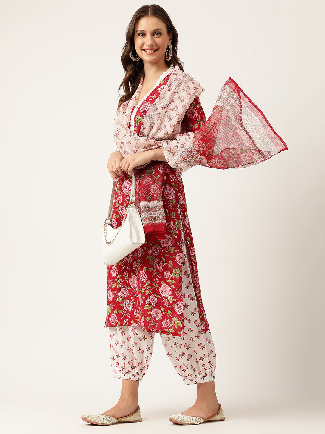 Floral HandBlock Printed Kurta Trouser & Kota Dori Dupatta Set