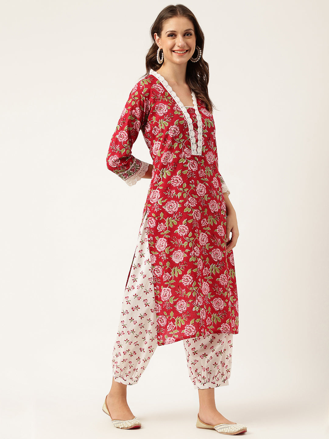 Floral HandBlock Printed Kurta Trouser & Kota Dori Dupatta Set