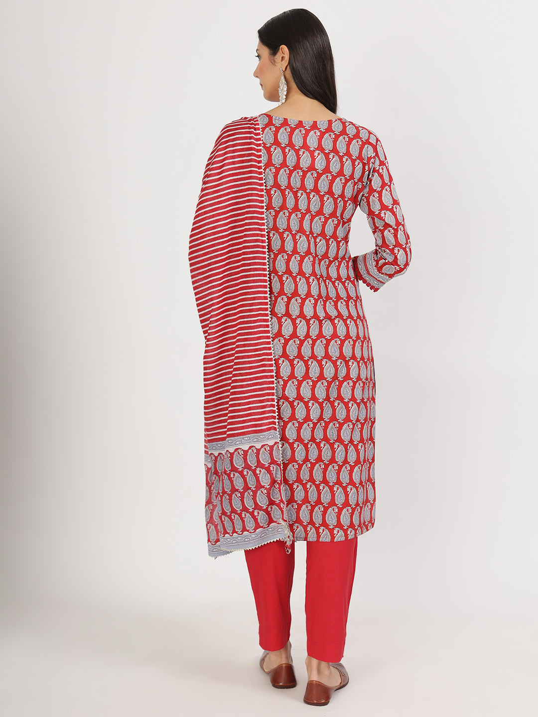 Maroon Paisley Print Cotton Kurta pants with Dupatta set