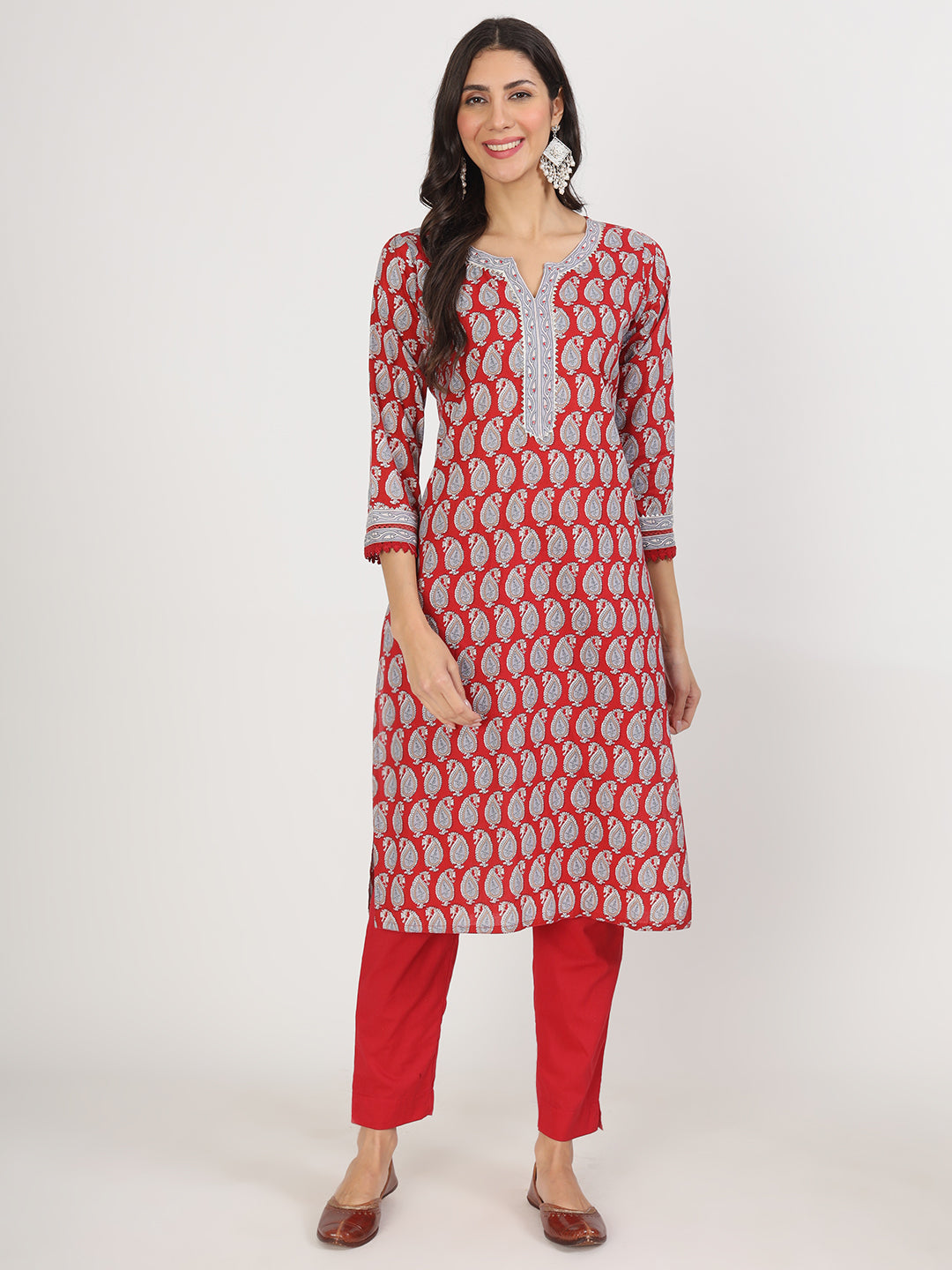 Maroon Paisley Print Cotton Kurta pants with Dupatta set