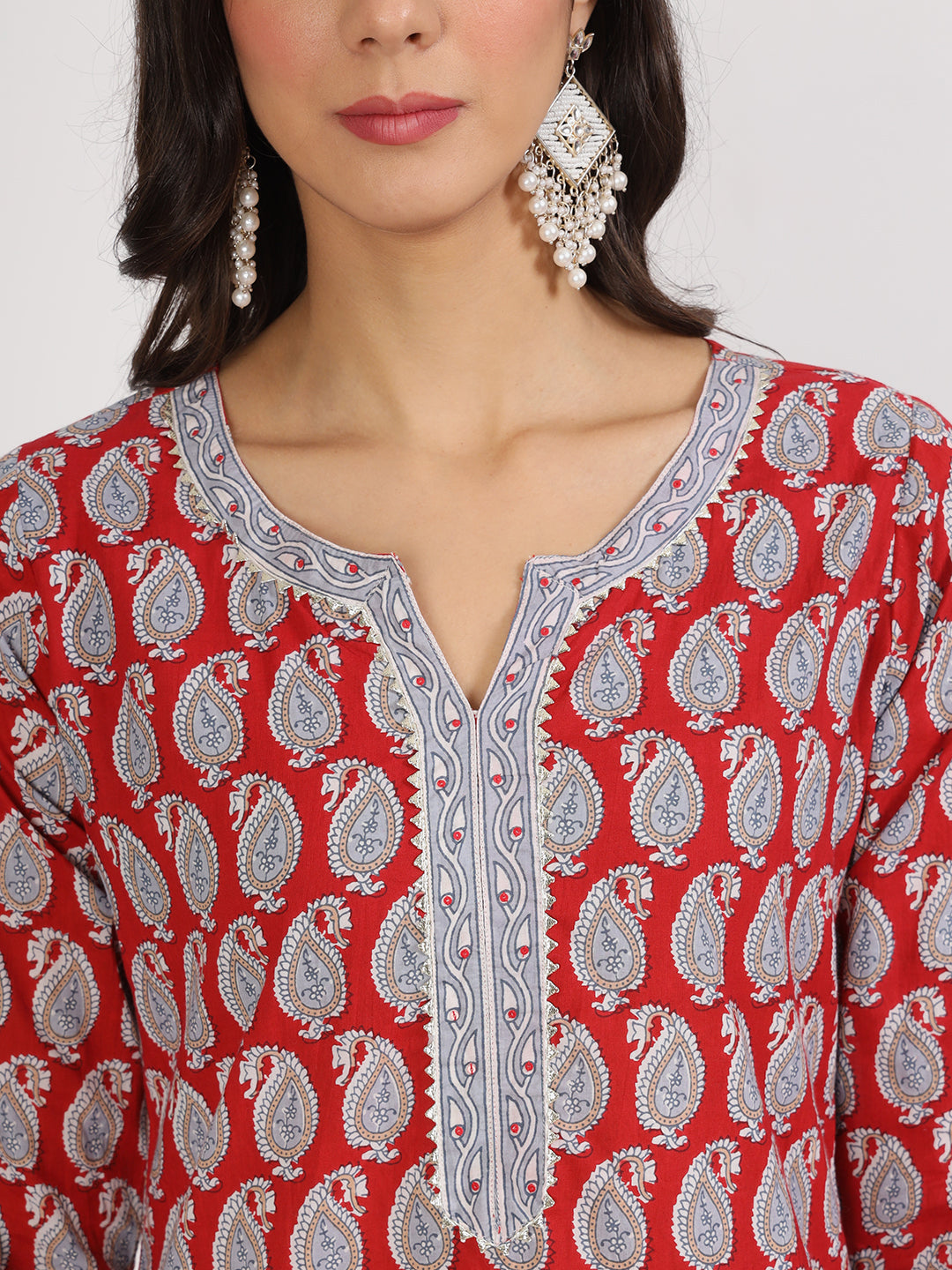 Maroon Paisley Print Cotton Kurta pants with Dupatta set